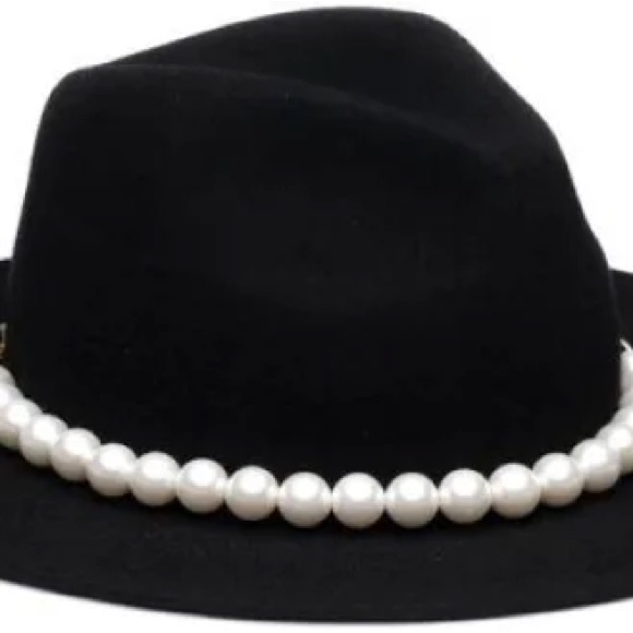 Eugenia Kim Sandra Black Hat with Pearl and Gold Chain